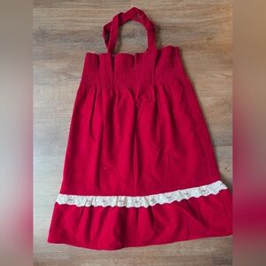 Vintage 80s Roget LTD Red Velvet Smocked Prarie Dress Criss Crossed Straps